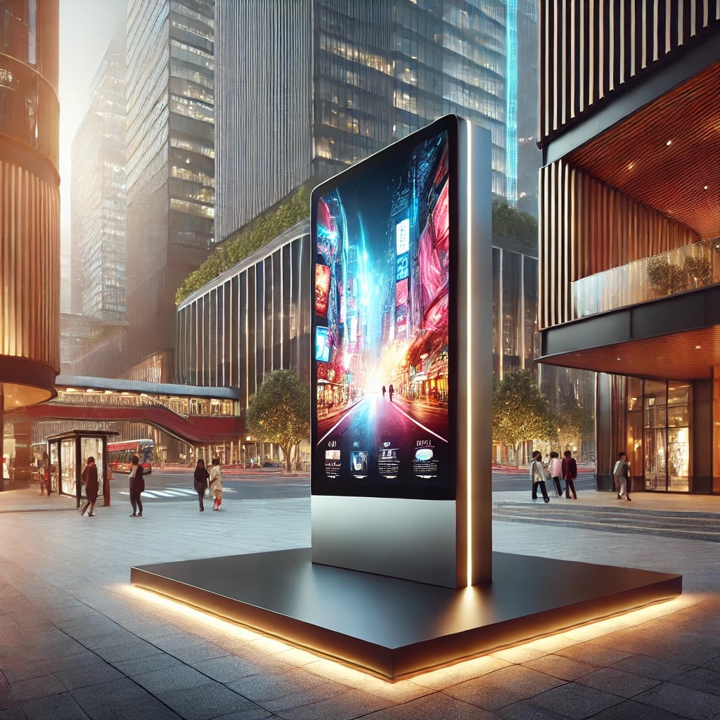 DALL·E 2025 03 20 06 54 54 A modern outdoor digital signage display in a bustling city center  The large LED screen is mounted on a sleek freestanding structure showcasing vib