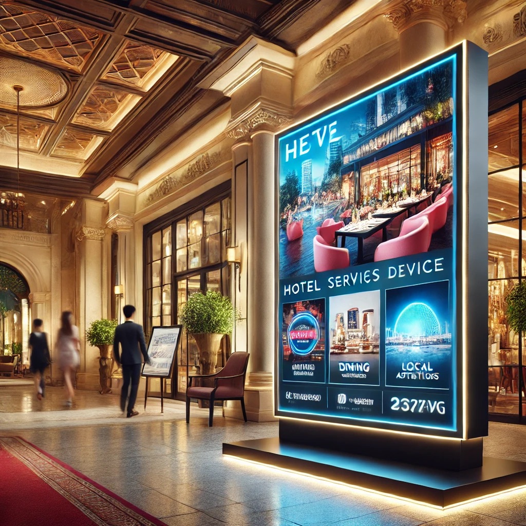DALL·E 2025 03 20 06 55 34 A modern outdoor digital signage display for the hospitality industry  The large LED screen is positioned outside a luxurious hotel entrance showcasi