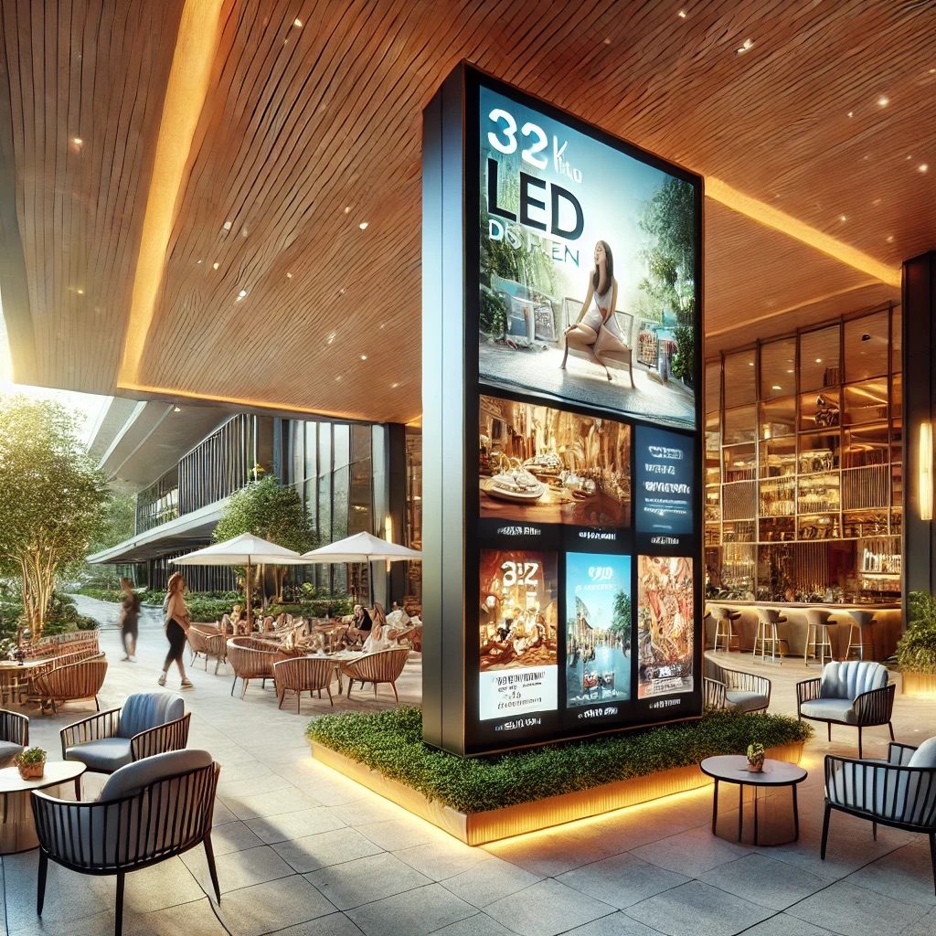 DALL·E 2025 03 20 06 56 16 A semi outdoor digital signage display in a modern hotel or resort setting  The sleek LED screen is positioned under a covered entrance or open air lo