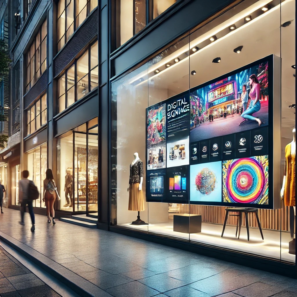DALL·E 2025 03 20 07 03 15 A modern digital signage display integrated into a stylish storefront window  The high resolution LED screen showcases vibrant advertisements for reta
