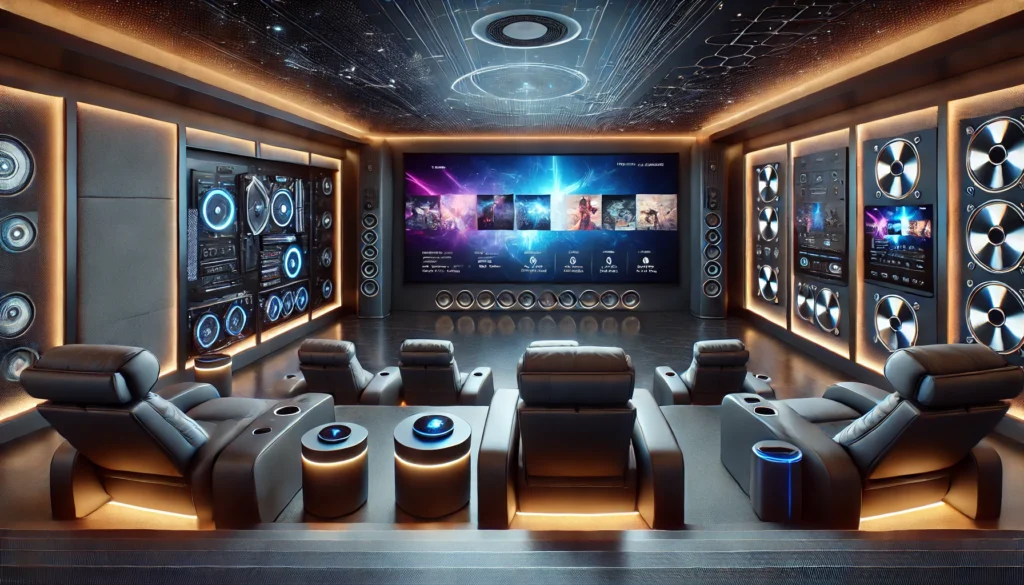 DALL·E 2025 03 21 22 25 30 A luxurious home theater with cutting edge convergent technology  The room features a massive ultra HD screen immersive surround sound speakers smar 1024x585
